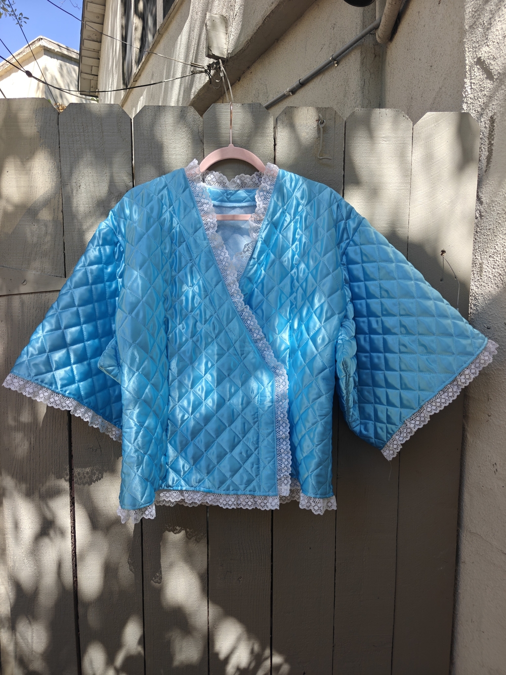 Blue Vintage Quilted Lace-Trim Kimono Jacket